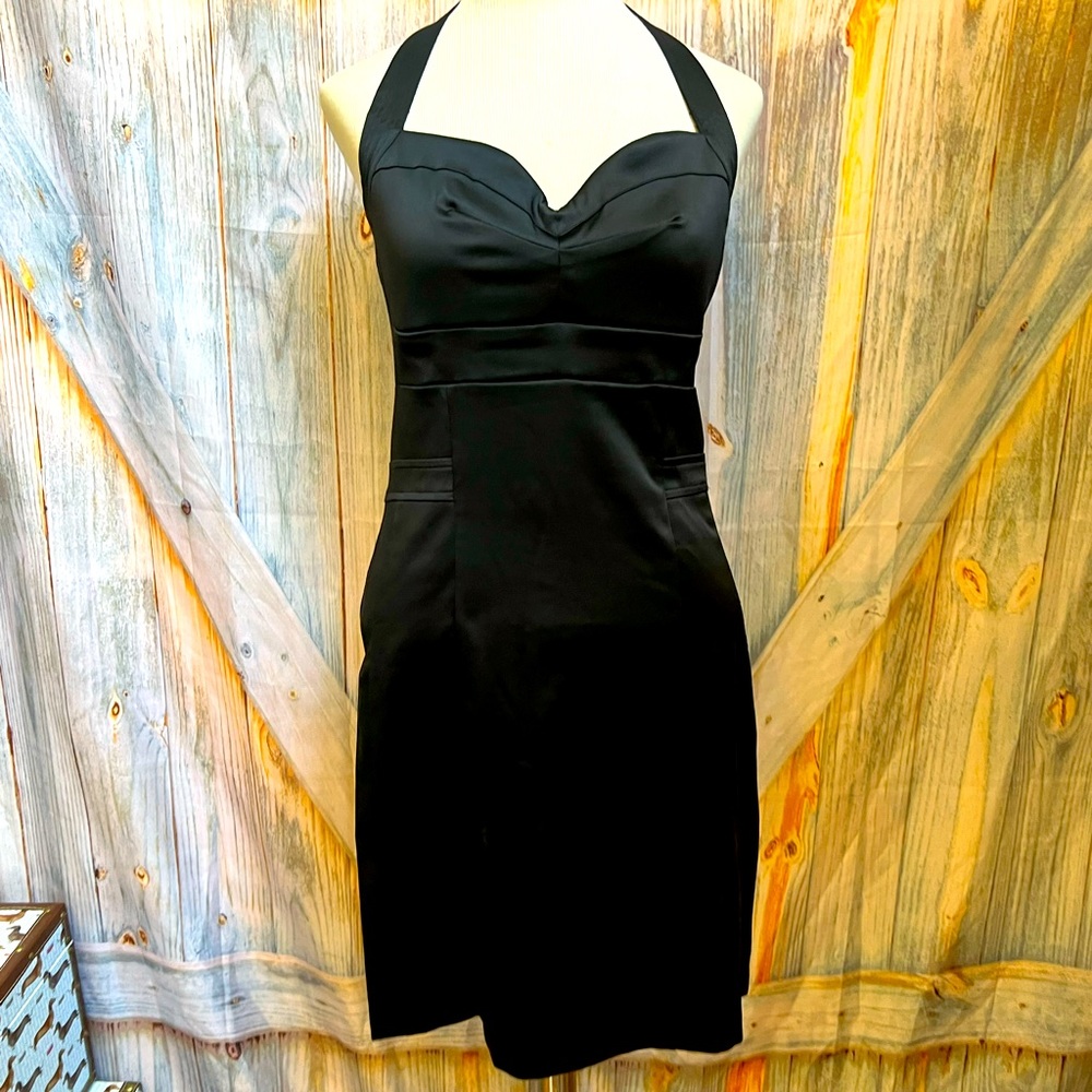 JFW silky stretch black party cocktail dress adjustable neck for support